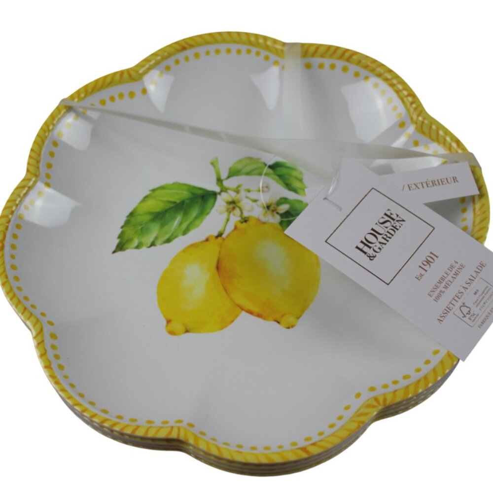 House & Garden Lemon Melamine 9" Salad Plates Scalloped Yellow Dot Set of 4 NWT